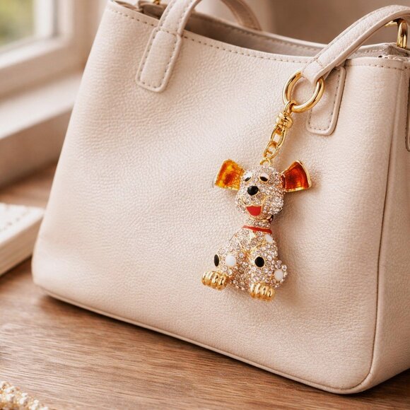 Luxury Rhinestone Dog Keychain & Bag Charm Gold Crystal Puppy - Picture 3 of 8